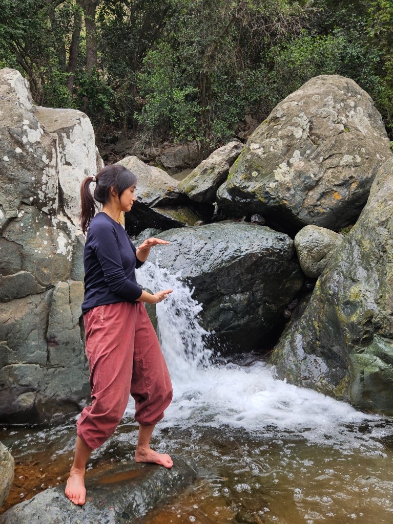 Se-Rok Park practicando Qigong frente a una cascada